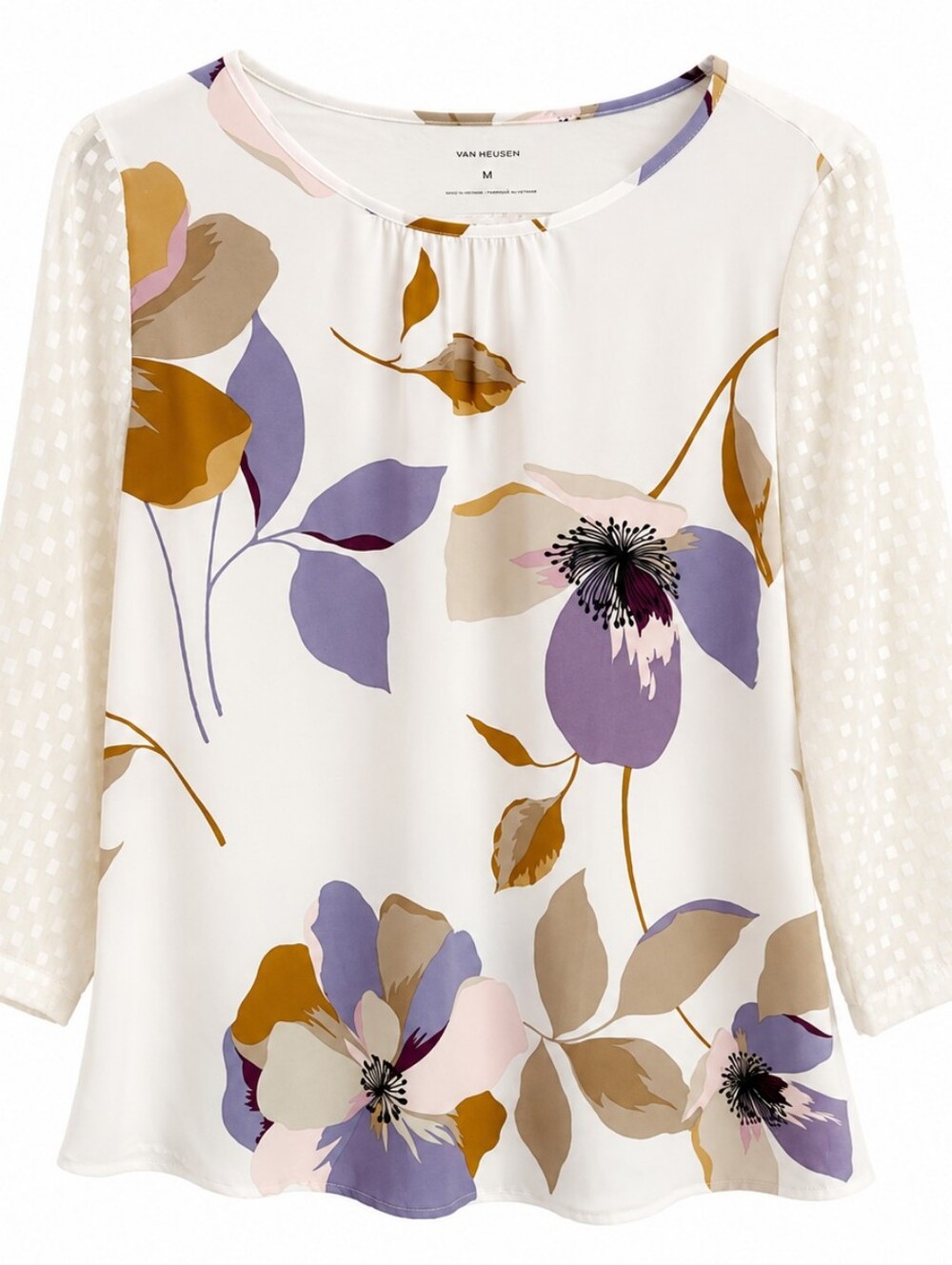 Van Heusen Cream Floral Blouse with Purple and Mustard Accents Sz Medium